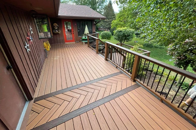 Deck Design Ideas & Tips For Homeowners In Belvidere, IL 7 Part of a deck that has a herringbone deck design idea