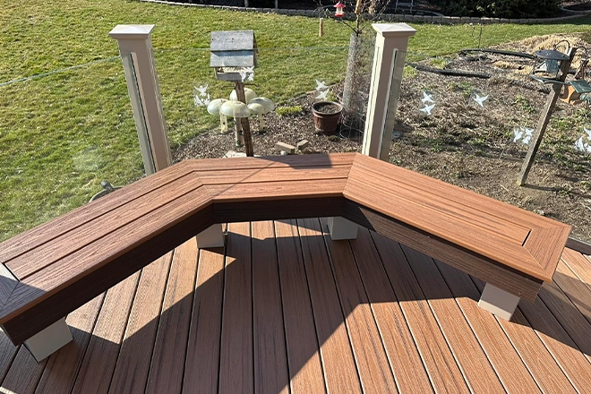 Built-In Deck Benches: 12 Ideas For Your Deck In Belvidere, IL 8 Closeup of built-in deck benches next to glass railing