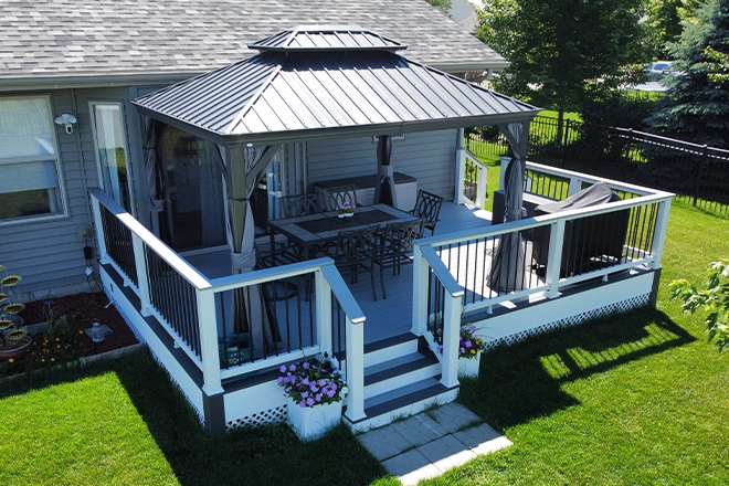 Deck cover ideas include an open structure with a roof
