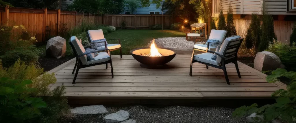 a cozy floating deck featuring a fire pit.