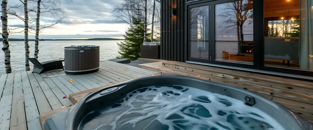 a scenic view of a hot tub on a wooden deck op
