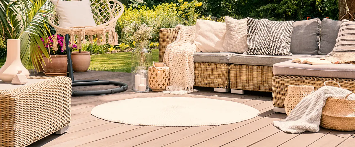 Deck Restoration in Rockford, IL 8 Modern outdoor deck with wicker furniture and decorative accents