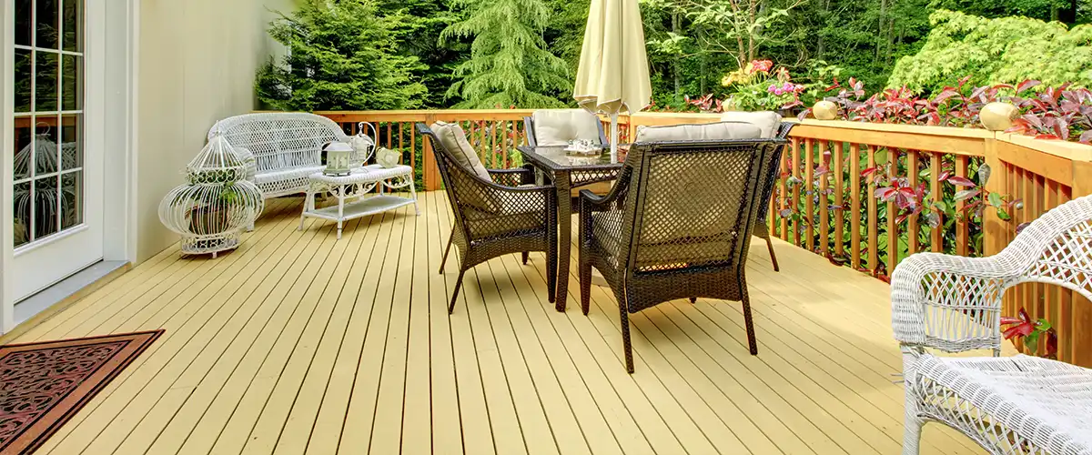 Light wood deck with outdoor dining furniture