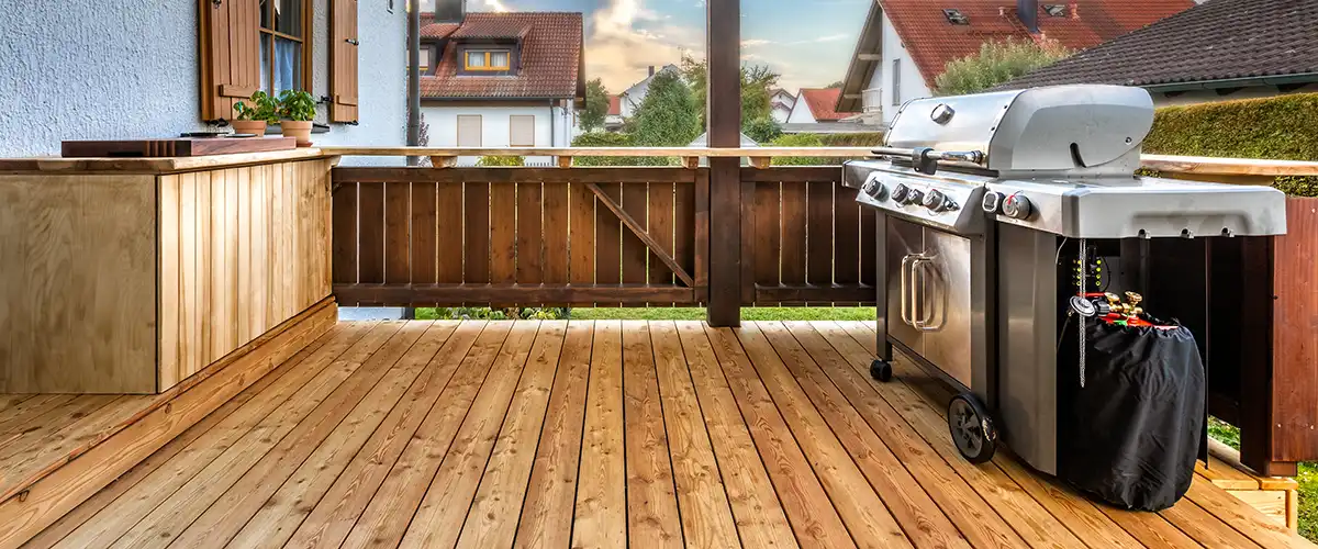 Wooden deck with built-in counter and outdoor grill