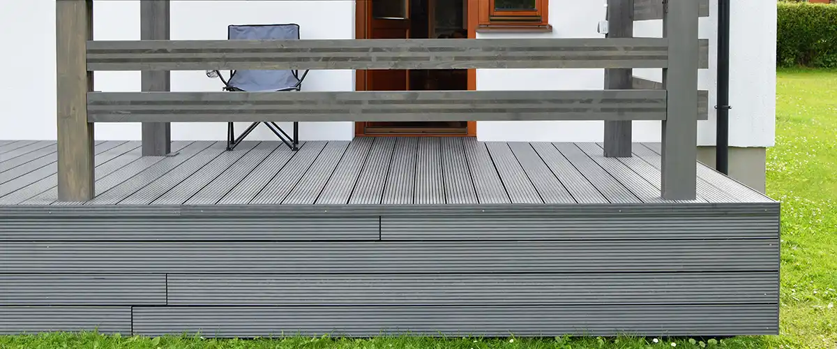 Modern gray composite deck with railing outside a home entrance
