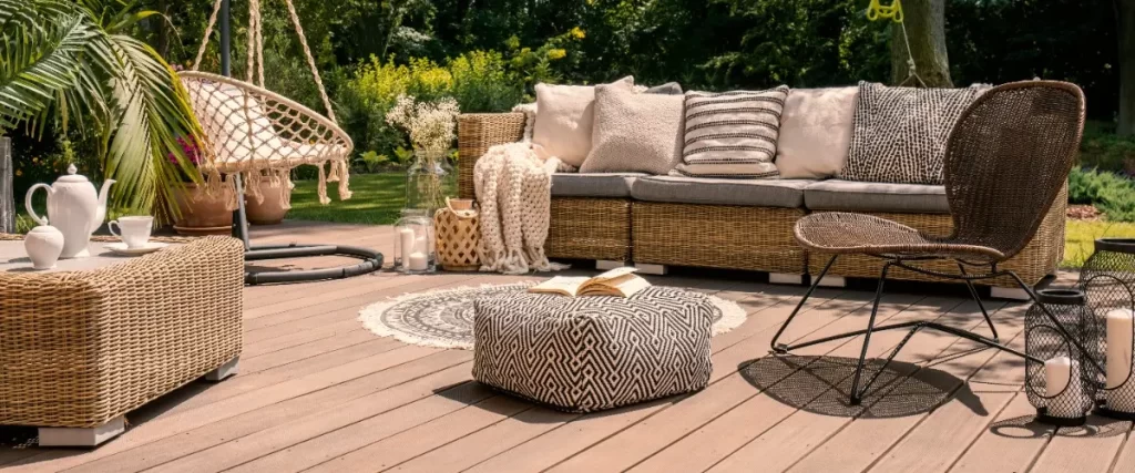 A composite deck featuring wicker furniture surrounded by various potted plants.
