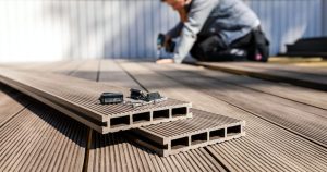 A close-up view of hollow core wood-plastic boards with a worker in the background showing how to repair composite decking using a power drill.