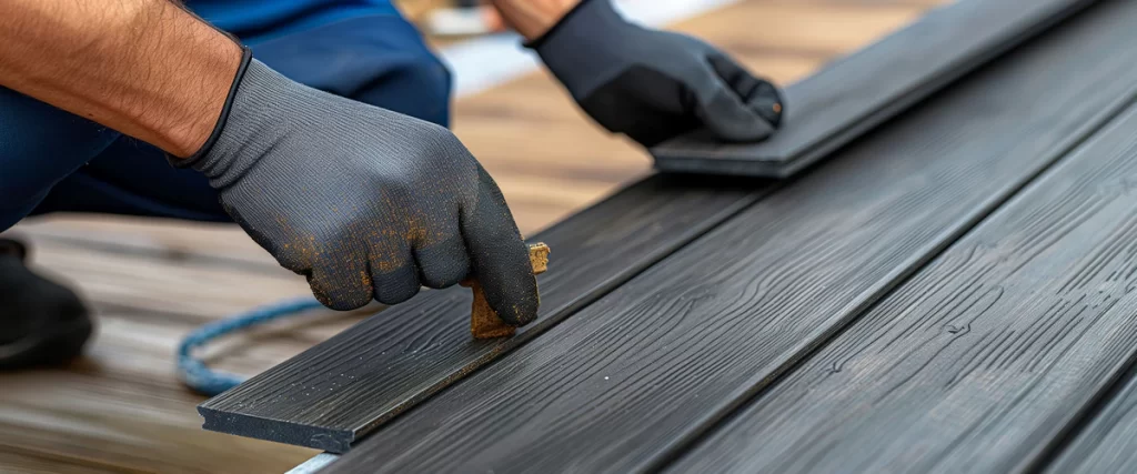 A professional contractor wearing work gloves carefully aligns and installs charcoal gray composite decking boards using hidden fastening clips for a seamless finish.