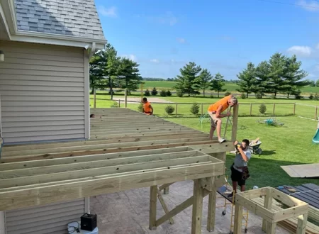 Hard Decks team installing a complex deck layout Hard Decks team installing a complex deck layout